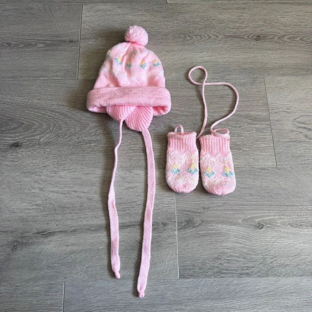 Vintage Pink Fair Isle Knit Baby Hat and String Mitten Set Pom Pom Ear Flaps